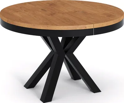 Produktbild von Runder Ausziehbarer Esstisch im Loft-Stil - Industrieller Tisch mit Schwarzen Metallbeinen - Platzsparender Tisch für Wohnzimmer - Lancelot Eiche - 120 bis 200 cm