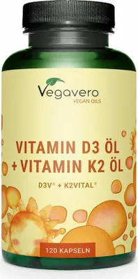 Image de Vegavero Vitamine D3 + Vitamine K2 | 120 gélules | avec huile MCT et matières premières de marque K2VITAL® et vitamine D3V® | vegan