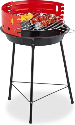Image de Barbecue au charbon de bois - Trépied - Ø 30 cm - Barbecue pour jardin - Camping - Grille de cuisson réglable - Rond - Noir et rouge