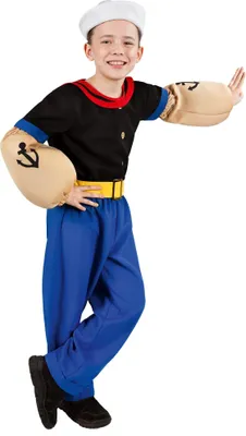 A young boy dressed as Popeye, posing with his hands on his hips.