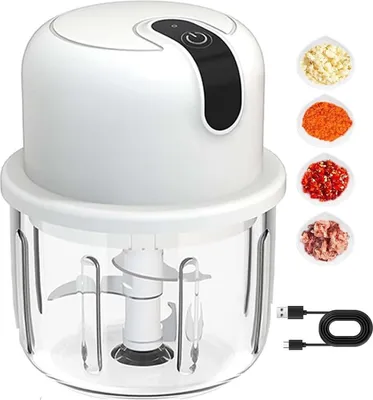 Produktbild von MODFU Gemüseschneider, Automatischer Knoblauchzerkleinerer, 300ml Glas-Schüssel, Weiße Farbe, Leistungsstark und Schnell, Perfekt für Knoblauch, Zwiebeln und Kräuter