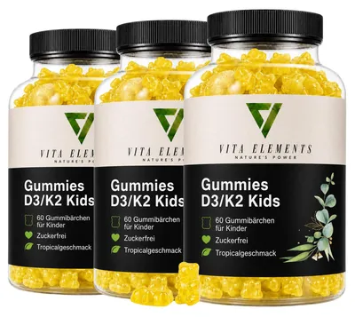 Vita Elements Vitamine D3 K2 Gummies voor kinderen, set van 3.