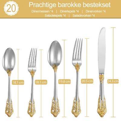 Imagen del producto de Juego de cubiertos de 20 piezas, diseño barroco, acero inoxidable 18/10, ideal para ocasiones especiales