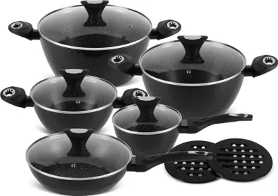 Produktbild von 12 Tlg Schwarze Topfset mit Kasserolle, Glasdeckel, Beschichtung INDUKTION