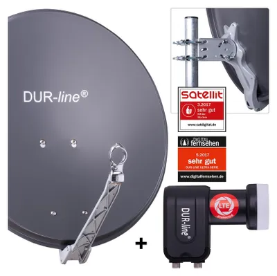A satellite dish and LNB with accompanying marketing badges and certifications.
