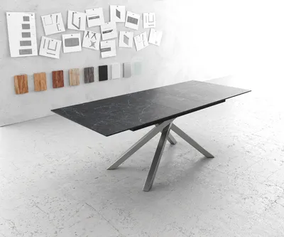 Produktbild von DELIFE Esstisch Edge 180-220x100cm Keramik Laminam®Nero Greco Anthrazit Kreuzgestell Rechteck Edelstahl ausziehbar