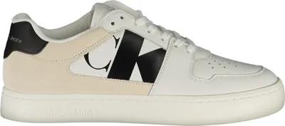 A single white and beige Calvin Klein sneaker is shown from a side-angle on a white background.