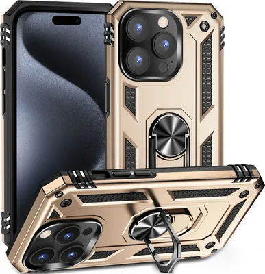 Produktbild von Schutzhülle für iPhone 15 Pro, Dual Layer Militäre Fallschutz Hülle mit Ringhalterung Ständer für iPhone 15 Pro Gold