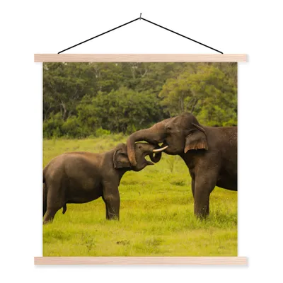 Produktbild von MuchoWow® Textilposter Elefant - Gras - Tiere - Grün 40x40 cm mit holzfarbenen Rahmen - Posterleiste