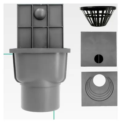 Produktbild von Regensinkkasten 110 mm für Regenwasserablauf, Dachrinnenablauf, Hofablauf, Regenrohrablauf, Entwässerung, Kontrollschacht mit Sieb und flexiblem Rohr 340-400 mm Grau