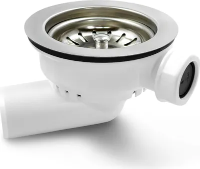A white sink drain with a silver strainer and a white pipe attachment, isolated on a white background.