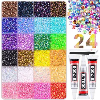 Obrázek produktu pro Sada h kamínků – 24 000 kusů – 3 mm – 24 barev – 3x 10 ml lepidla – Sada kamínků pro tvoření – XXL sada pro nail art – Hobby sada – Kamínky – vhodné pro hrnky, boty, oblečení, tvoření, pouzdra na telefony, malování diamantem, nehty