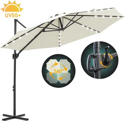 Image de Parasol Izrielar Parasol déporté 3x3 m Beige avec éclairage LED solaire, rotation et inclinaison à 360°, protection UV50+, hydrofuge, pour jardin et terrasse