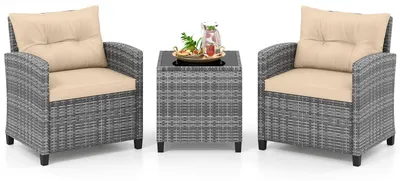 Produktbild von COSTWAY Gartenmöbel Set Polyrattan, 3-tlg. Balkonmöbel inkl. 2 Sessel, Kissen & Tisch mit gehärteter Glasplatte, Sitzgruppe wetterfest 2 Personen