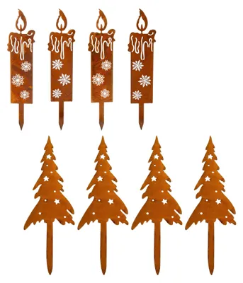 Produktbild von Gartenstecker Tannenbaum und Kerze mit Edelrost 8er Set - 4x 28 cm | 4x 24 cm - Weihnachts Pflanzenstecker aus Metall mit Rost Patina