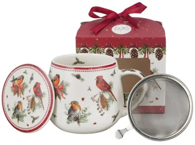 Zdjęcie produktu dla Porcelanowa filiżanka z zaparzaczem do herbaty, seria "Ptaki Zimy", model 1