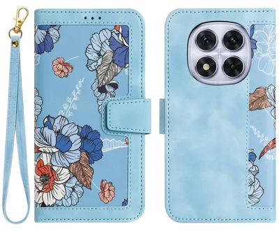 Produktbild von Für Xiaomi Redmi Note 14 Pro 5G Kunstleder Wallet Handy Tasche Blumen Design Hülle Etuis Hellblau