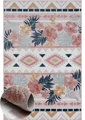 Obrázek produktu pro Venkovní koberec MY-RUG "Aurora II" 150x80 cm, růžový, s květinovým vzorem, pro vnitřní i venkovní použití