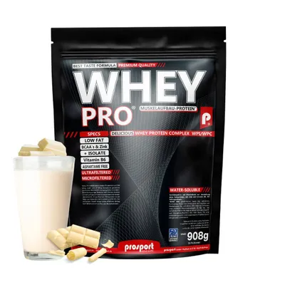 Produktbild von Prosport WHEY PRO® Whey Protein Pulver – White-Chocolate 908g – Konzentrat-Isolat-Mix, Eiweißpulver mit Zink, Vitamin B6 & EAAs, Protein Shake für Muskelaufbau