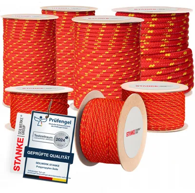 Produktbild von Seilwerk STANKE Polypropylenseil 12mm 200m Rot mit gelben Akzenten - Wäscheleine für Balkon, Camping, Garten - Zeltschnur, Schwimmseil für Angeln, Wassersportarten