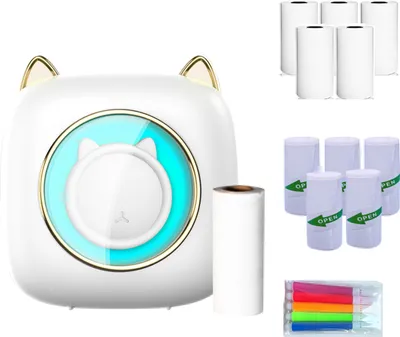 Obrázek produktu pro Mini kapesní tiskárna, přenosná termotiskárna, bezdrátové BT připojení, 203 DPI, pro obrázkové štítky, seznamy pro kutily, poznámky, deník, účtenky, okamžité samolepky s 6 rolemi termopapíru, 5 kusů samolepicího termopapíru, 57 x 25 mm, 5 kusů barevných fixů, dárek pro děti, studium, práci, kancelář. Kompatibilní se systémem Android iOS