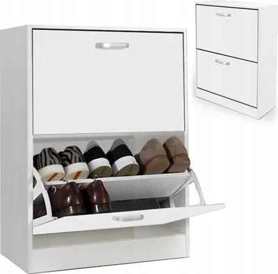 A white shoe cabinet with two shelves, filled with shoes. A smaller, identical shoe cabinet is shown in the background.