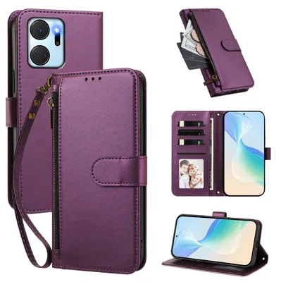 Produktbild von Geldbörse Hülle für Honor X7A, Kunstleder Handyhülle mit Kartenfächer, Ständer, Handschlaufe Lila