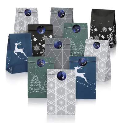 Produktbild von Nordstern Adventskalender zum Befüllen - DIY Geschenktüten Set mit 24 Papiertüten und Zahlen Aufklebern - Weihnachtskalender für Kinder und Männer