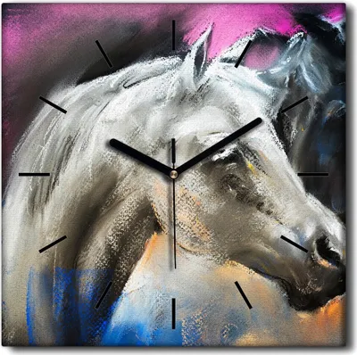 Produktbild von Coloray Uhr auf Leinwand 30x30 cm Wand Uhr Dekoration Wohnzimmer Segeltuch schwarze Hände -Pferde Tiere lieben