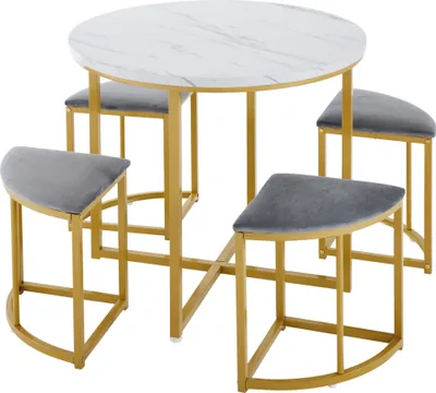 Produktbild von Essgruppe Esszimmertisch-Set mit vier Stuehlen mit MDF Tischplatte und vergoldeten Eisenrahmen Moderne Luxustische und-stuehle Grau Samtstuhl
