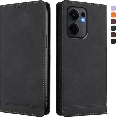 Image de Etui pour Oppo Reno13 F 5G, étui rétro en cuirPolyuréthaneavec support et fentes pour cartes de crédit Noir