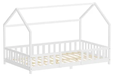 Produktbild von ML-Design Kinderbett 120x200cm mit Rausfallschutz, Dach & Lattenrost Weiß Montessori Bodenbett aus massivem Kiefernholz Hausbett für Mädchen & Jungen