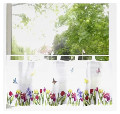 Produktbild von Scheibengardine Blumen Gardine Digitaldruck HxB 45x120 Fensterdekoration  Bistrogardine Tulpen Bunt