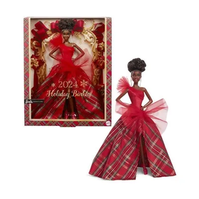Image de Poupée Barbie Joyeux Noël Brune HRM62, Robe Satin Rouge, Jupe Motifs Carreaux, Nœud Oversize, 3+ Ans