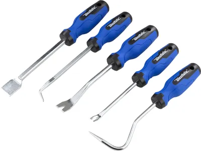 A set of five automotive trim removal tools with blue handles and silver metal shafts, arranged diagonally on a white background.