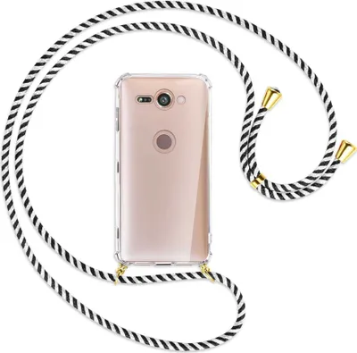 Produktbild von Handykette Backcover-Schutzhülle mit Band (Metall goldfarben) für Sony Xperia XZ2 Compact - schwarz/weiß gestreift