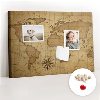 Immagine prodotto di Lavagna in sughero con puntine - Pannello con puntine per foto e appunti - 60x40 cm - Spille di legno, 100 pezzi - Mappa del mondo in stile vintage