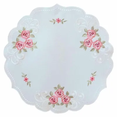 Image de Nappe Nappe Broderie Roses Fleurs Printemps Chemin de table Bordure festonnée 40 cm rond