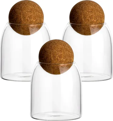 Produktbild von gouveo 3er Set Vorratsglas 400 ml mit Kugel-Korken - Vorratsdosen aus Borosilikatglas mit Korkverschluss - Glasbehälter Küche zur Aufbewahrung von Tee, Reis, Kräuter, Müsli, Zucker, Mehl, Süßigkeiten
