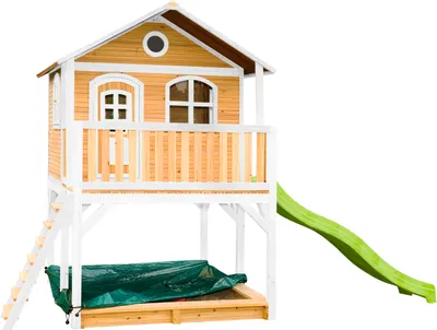 Produktbild von AXI Spielhaus Marc mit Sandkasten & Rutsche in Hellrün | Stelzenhaus in Braun & Weiß aus Holz für Kinder | Spielturm mit Wellenrutsche für den Garten