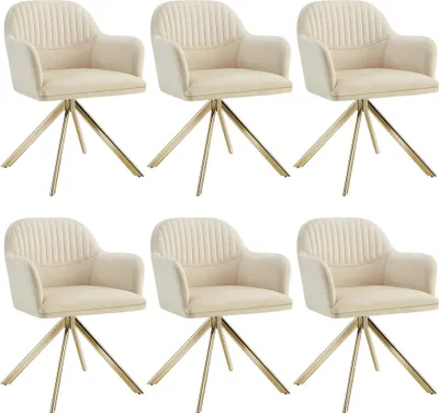 Six cream-colored swivel chairs with gold legs are arranged in two rows of three against a white background.