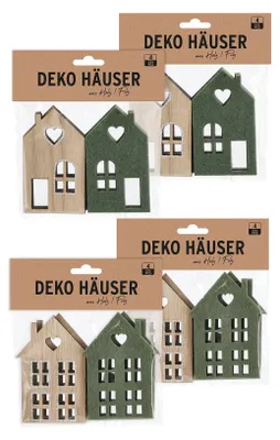 Immagine prodotto di Casette in legno da decorare - Set di 16 - Naturale e verde - Ca. 10 x 6 cm