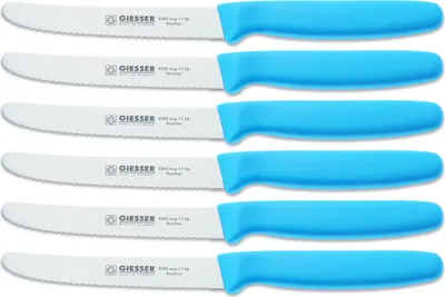 Produktbild von 6er Set Giesser Brötchenmesser Tomatenmesser Küchenmesser 3mm Wellenschliff Klinge 11cm - hellblau