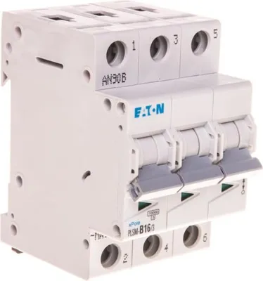 Imagen del producto de Interruptor automático Eaton LS, 10kA, tipo B, 16A, 3 polos, modelo 3TE Eaton PLSM-B16/3-MW, 1 unidad.