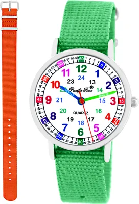 Produktbild von Kinder Armbanduhr Mädchen Jungen Lernuhr Kinderuhr uni 2 Armband grün + orange
