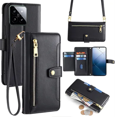 Produktbild von Handykette Xiaomi Hülle mit Band Handyhülle Kartenfächer Kunstleder Umhängetasche 14 Schwarz