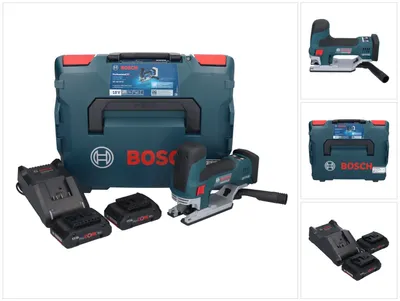 A Bosch jigsaw set with its case, charger, and batteries is displayed.
