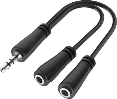 A black audio splitter cable with a 3.5mm jack on one end and two 3.5mm jacks on the other.