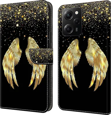 Produktbild von CLM-Tech Hülle kompatibel mit Xiaomi Redmi Note 12 Pro 5G - Tasche aus Kunstleder - Klapphülle mit Ständer und Kartenfächern, schwarz - goldene Flügel