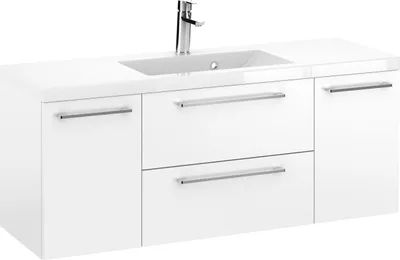 Produktbild von Rosen 120 cm Badezimmerschrank in Weiß Hochglanz mit Waschbecken und verchromten Griffen - Zeitloses Design